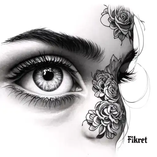 а fancy tattoo with the name Fikret and her two eyes tattoo design idea