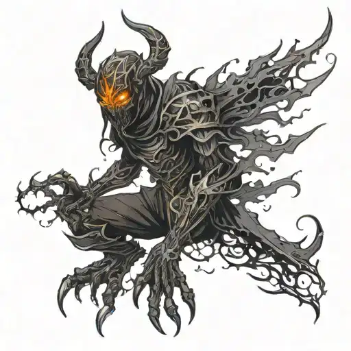 Dark demonic space knight with fire eyes and black claws without helmet, he have white skin face it looks like a corpse  tattoo design idea