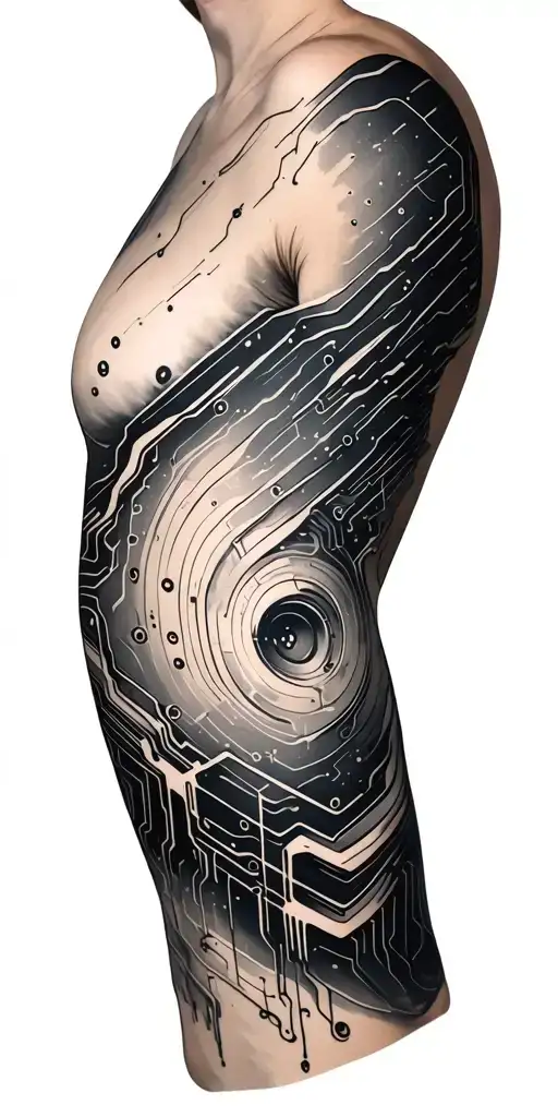 greyscale circuitry sleeve with traces  tattoo design idea