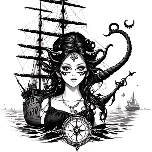 cthulu attacking hms victory, include a compass and a beautiful masked asian woman tattoo design idea