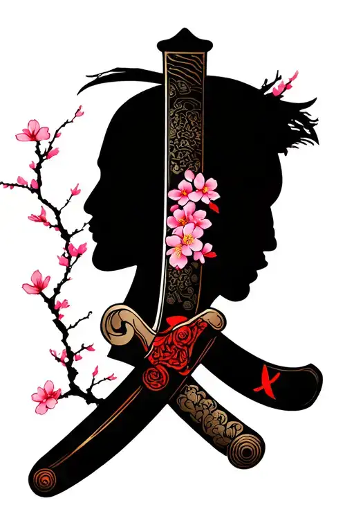 samurai sword with cherry blossom tree tattoo design idea