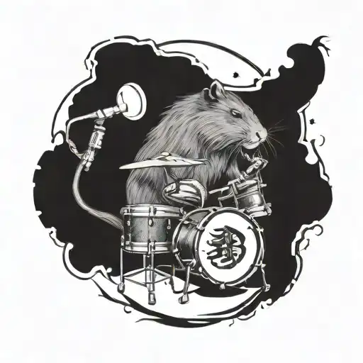 A tattoo design featuring a capybara playing the drums in a fantasy D&D setting tattoo design idea