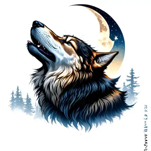 A wolf howling at a crescent moon tattoo design idea