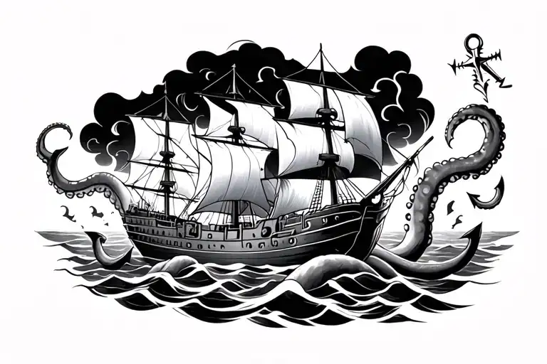 storm, octopus, pirate ship, anchor, compass tattoo design idea