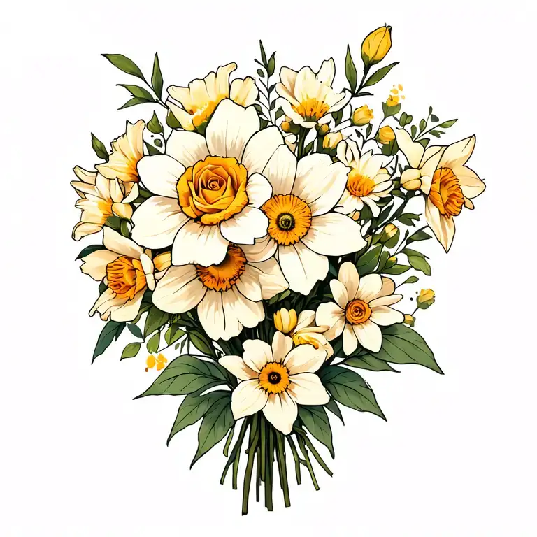 daisy rose narcissus honeysuckle bouquet wrapped tattoo design idea