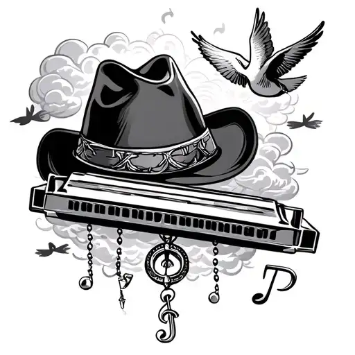 Cowboy hat place on top of a  treble clef music note surrounded by a harmonica, rosary, clouds. and doves, heaven tattoo design idea