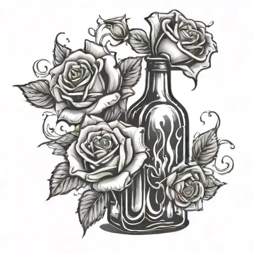 two roses in an alcohol bottle in flames tattoo design idea