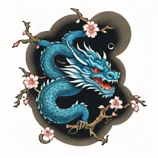 blue dragon with blue cherry blossoms tattoo design idea