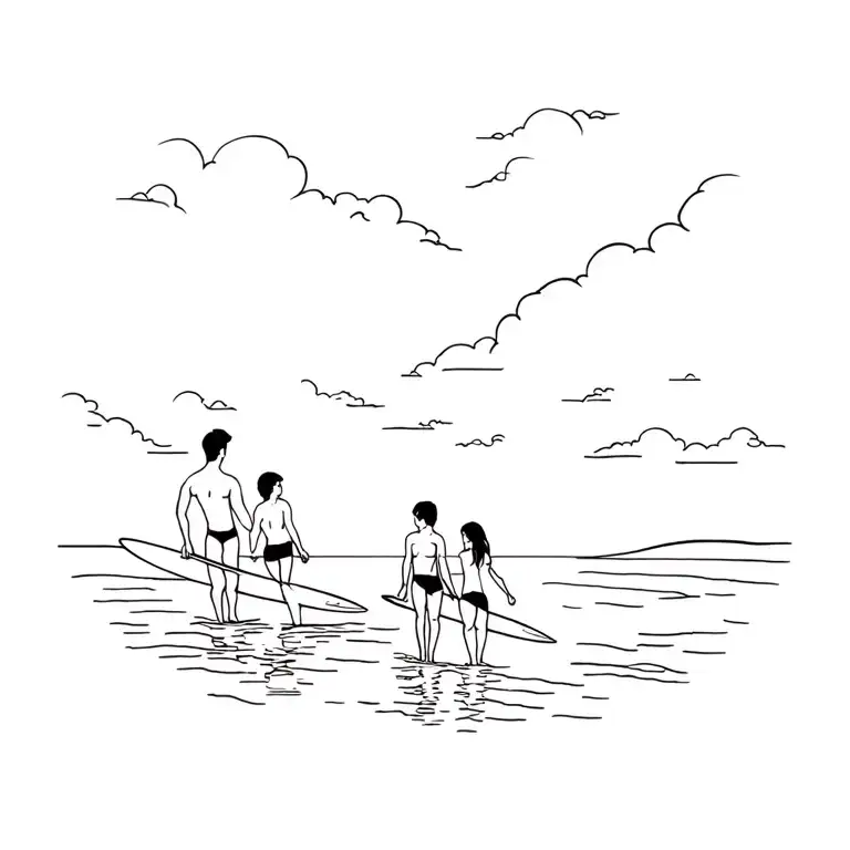 2 boys and one girl surf beach scene tattoo design idea