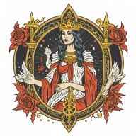 A tarot card design featuring The High Priestess and The Three of Swords, with a red string of fate connecting them, representing your deep connection with your wife and the pain of loss tattoo design idea