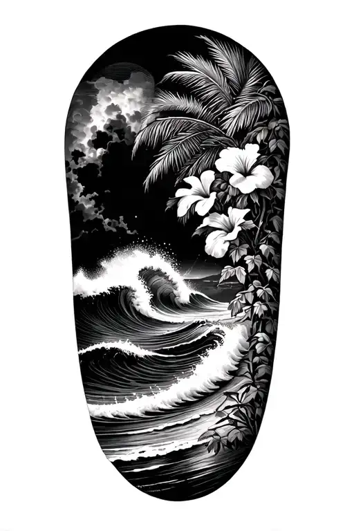 ocean waves on beach with palm and hibiscus vine on right tattoo design idea