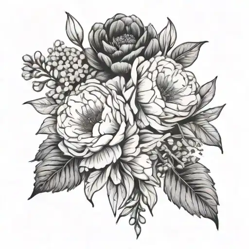 Bouquet of birth flowers with names tattoo design idea