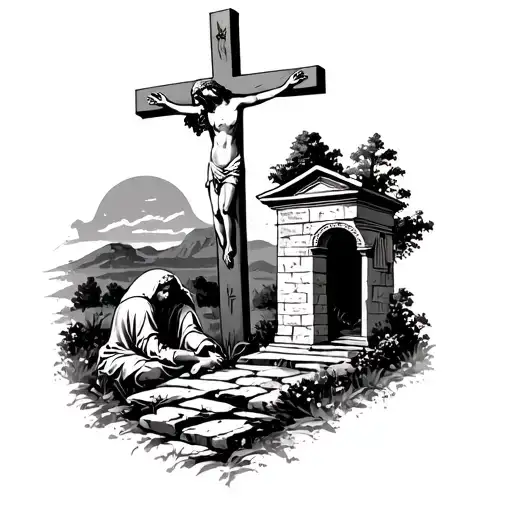 The garden of gethsemane with the cross of Christ on the left, and the empty tomb on the right tattoo design idea