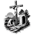 The garden of gethsemane with the cross of Christ on the left, and the empty tomb on the right tattoo design idea