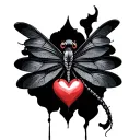 Gothic dragonfly facing the right holding a heart tattoo design idea