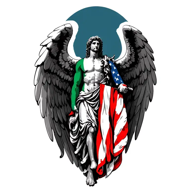 St Michael archangel with Italy and America flag color on wings tattoo design idea