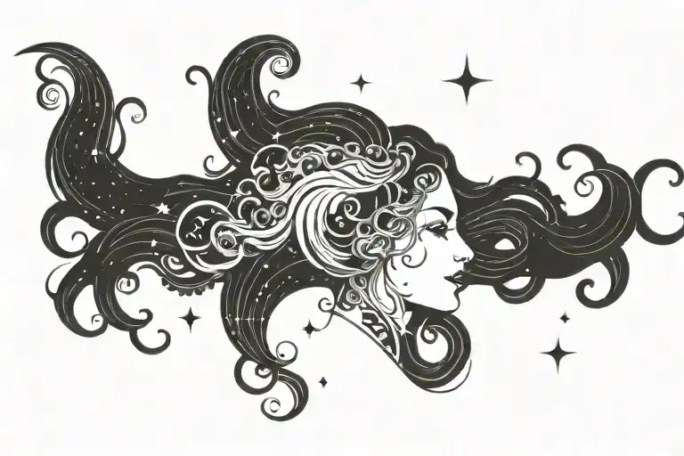 a tattoo that is a shadow of a woman's head with long curly hair and her hair is made of galaxies stars and planets tattoo design idea