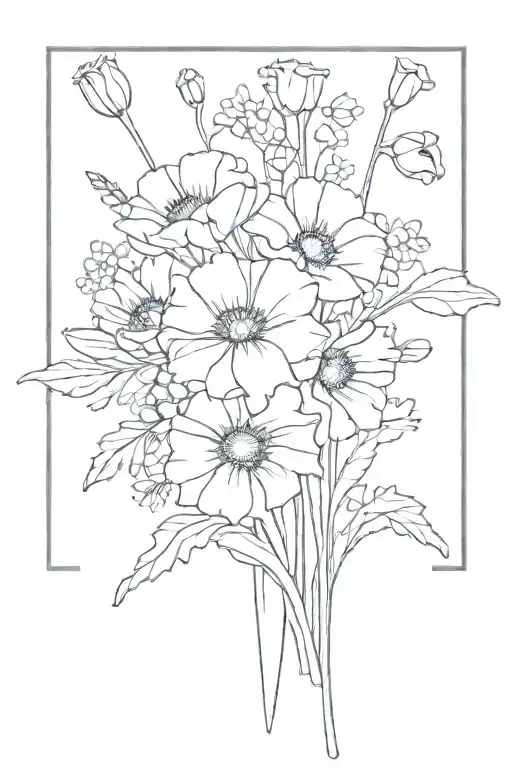 Bouquet with: poppies, asters, daffodils, holly flowers, and lily-of-the-valley  tattoo design idea