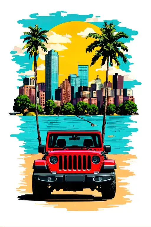 sunshine, Atlanta skyline, 2 door red Jeep wrangler side view, coffee, gay, vinyl record, peaches, pop punk music tattoo design idea