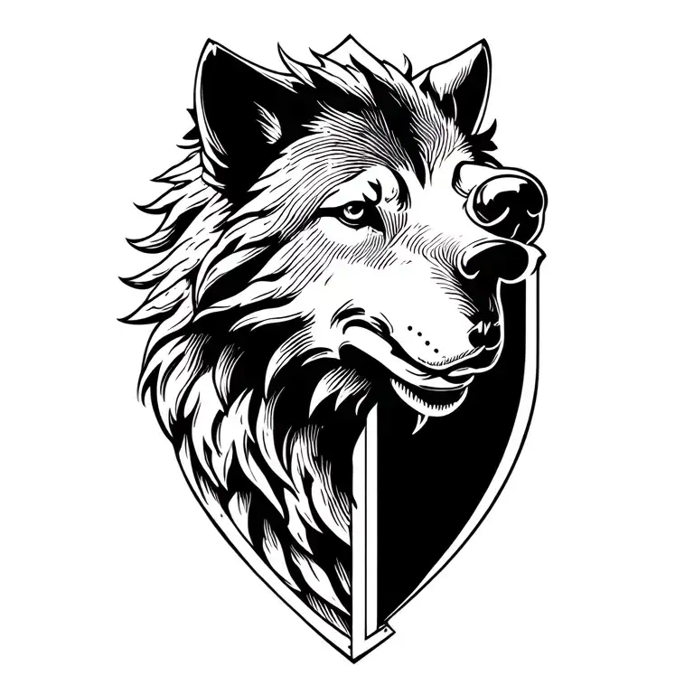 Minimalist medieval heraldic wolf head, bold blackwork, engraved style, simple shield or gothic frame, tattoo design tattoo design idea