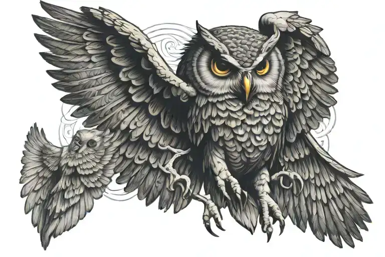 owl, egyptian god, wings spread, skull tattoo design idea