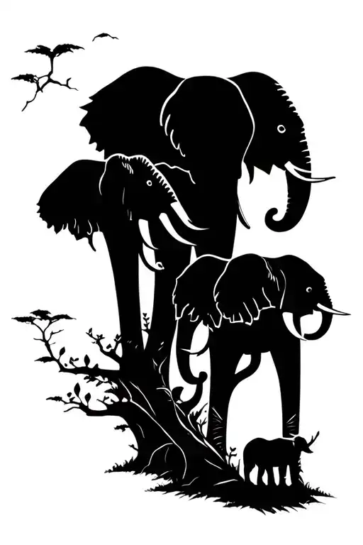 white and black trees with elephants family of 4 tattoo design idea