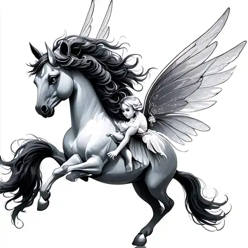 simple flying pegasus with pixie fairy tattoo design idea