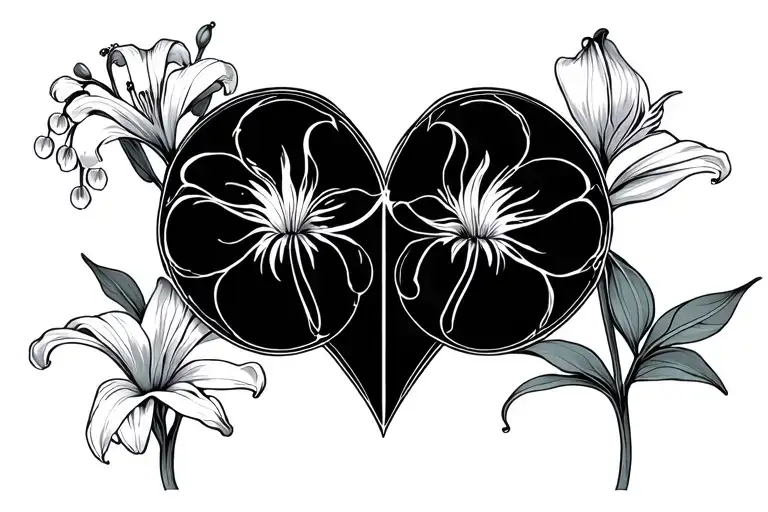 I want an outline design of a lovers tartot card please also include death mot, Lily of the valley, and Cala Lilly this tattoo design idea