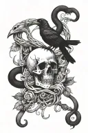 a crow on top of a shepherd hook with a snake wrapped around it and a skull and nightshade at the bottom of the staff  tattoo design idea