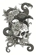 a crow on top of a shepherd hook with a snake wrapped around it and a skull and nightshade at the bottom of the staff  tattoo design idea