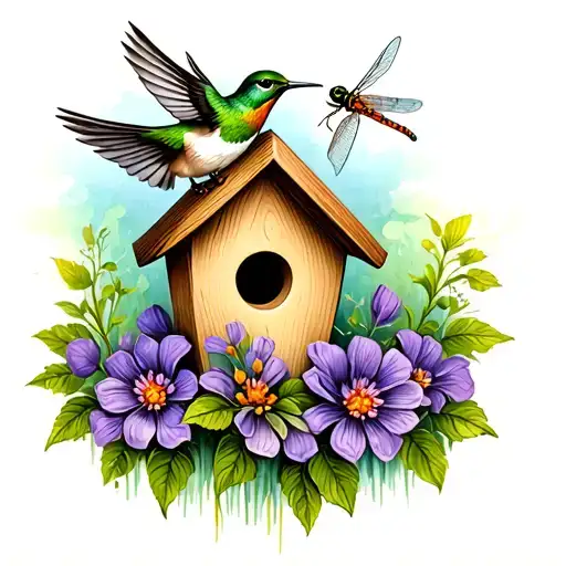 a small handcrafted birdhouse with a humming bird flying above. add a dragonfly landing on purple flowers on the bottom  tattoo design idea