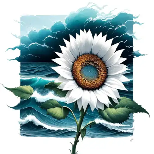 sunflower in wind surrounded by ocean tattoo design idea