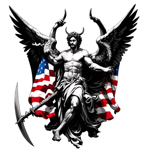 saint micheal slaying the devil with American flag  tattoo design idea