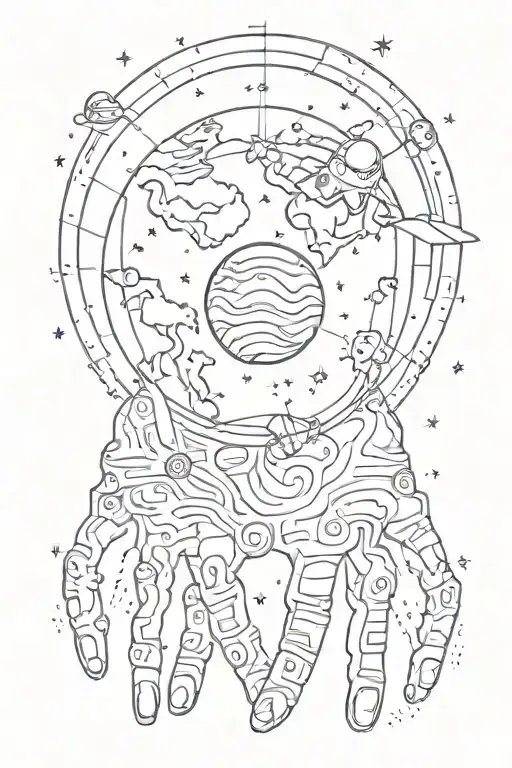 handprint with a picture of space with a planet tattoo design idea