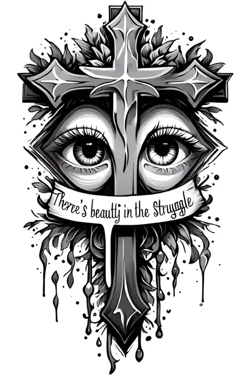 3 religious cross with a eye and tear on each sides with the words there's beauty in the struggle in the middle tattoo design idea