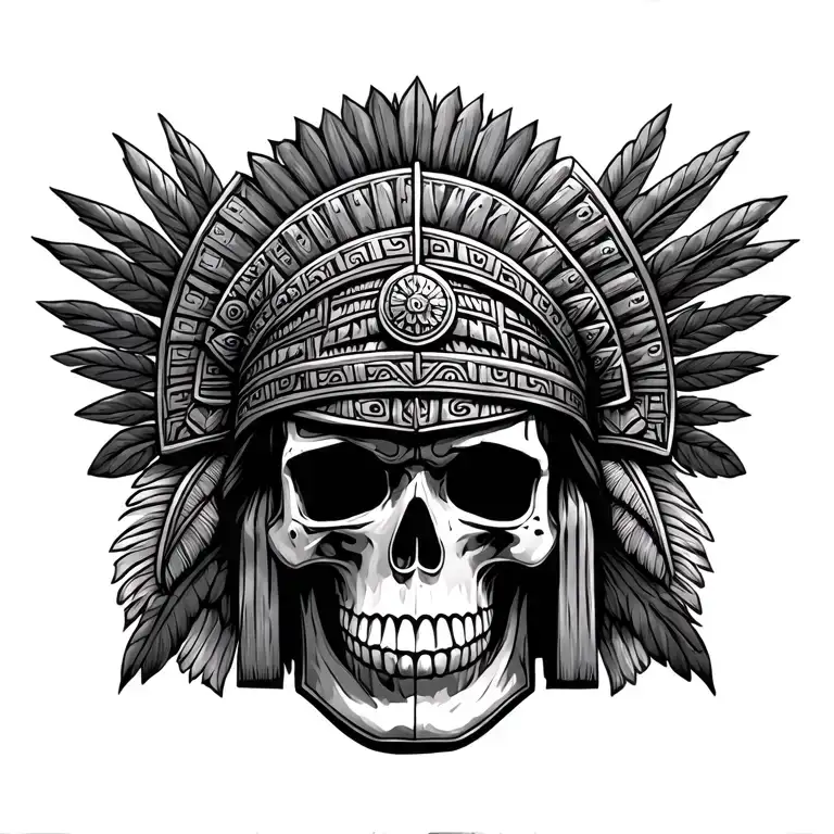 half Mayan half conquistador skull surrounded by Mayan designs tattoo design idea