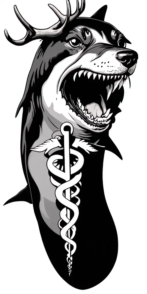 shark, medical caduceus, fishing, antlers, dogs, cats tattoo design idea