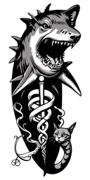 shark, medical caduceus, fishing, antlers, dogs, cats tattoo design idea