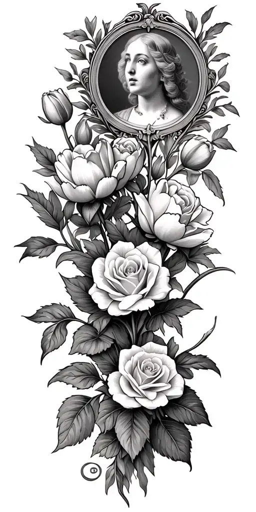 A tattoo sleeve of vine of flowers including tulips and roses with a picture at the top and cardinal at the bottom  tattoo design idea