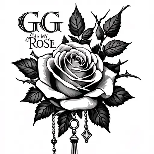 in a worl full of thorns my gg is my rose with roses and a rosary  tattoo design idea