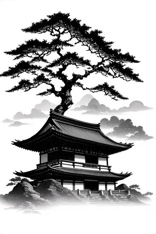 3/4 Japanese temple with a big cherry tree tattoo design idea