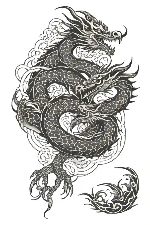 japanese dragon and crane entwined together tattoo design idea
