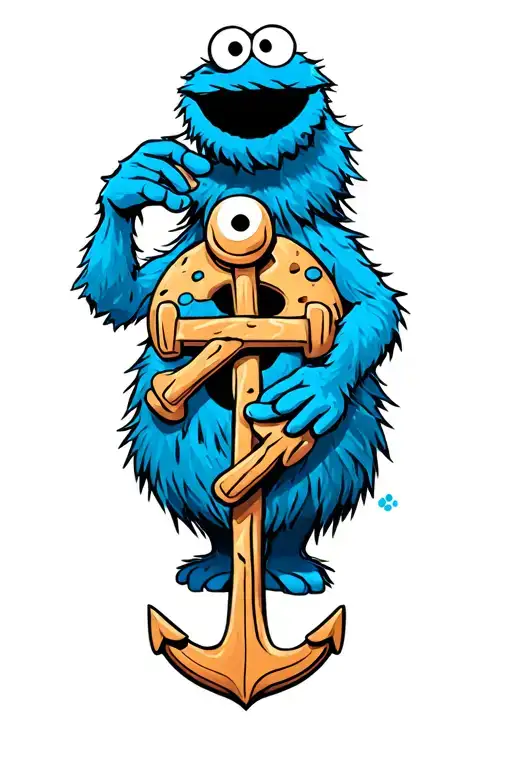 cookie Monster with an anchor intertwined tattoo design idea