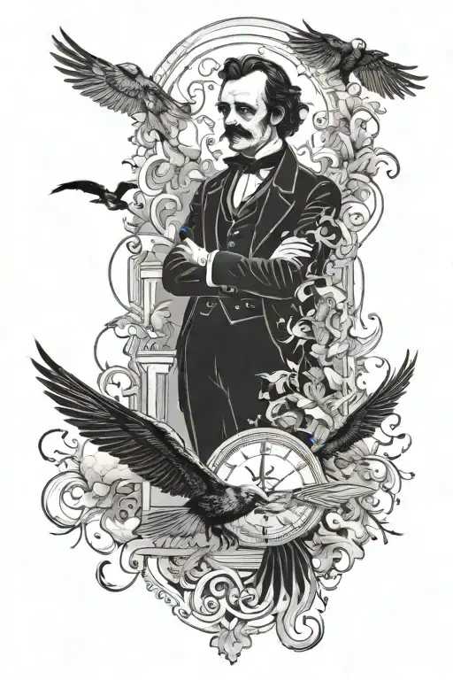 With those elements, I can describe a detailed design for your tattoo sleeve inspired by Edgar Allan Poe's literature. tattoo design idea