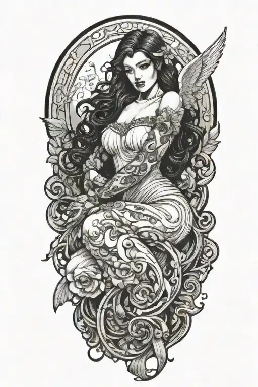 A Sexy Dark Haired Angelic Woman laying tattoo design idea