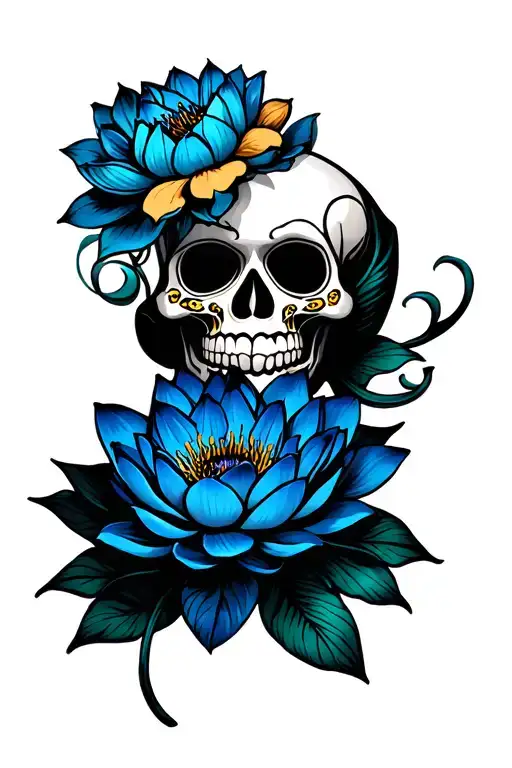 blue lotus on traditional sugar skull tattoo design idea