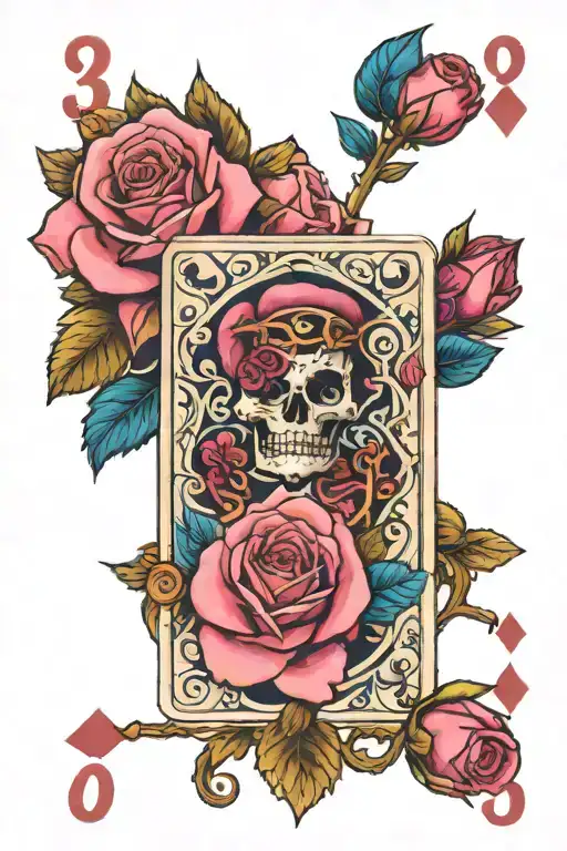 three playing cards vertically arranged with a blue rose and a pink rose tattoo design idea
