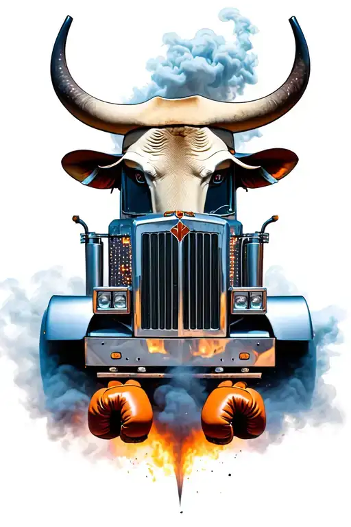 semi truck bull rider and boxing gloves coming out of smoke tattoo design idea