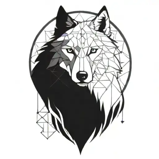 A majestic wolf adorned with Viking symbols and geometric patterns, in a blackwork style tattoo design idea