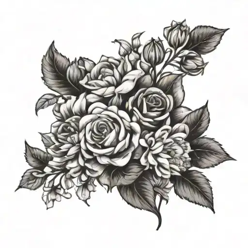 violet , sweet pea , rose ,  larkspur , aster chrysanthemum bouguet tattoo design idea